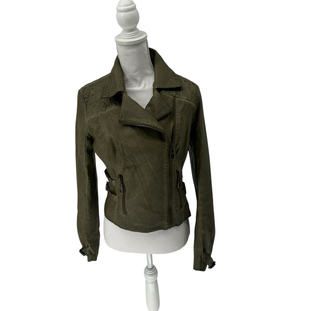 Blanc Noir Green Faux Leather Zip Front Moto Jacket Medium